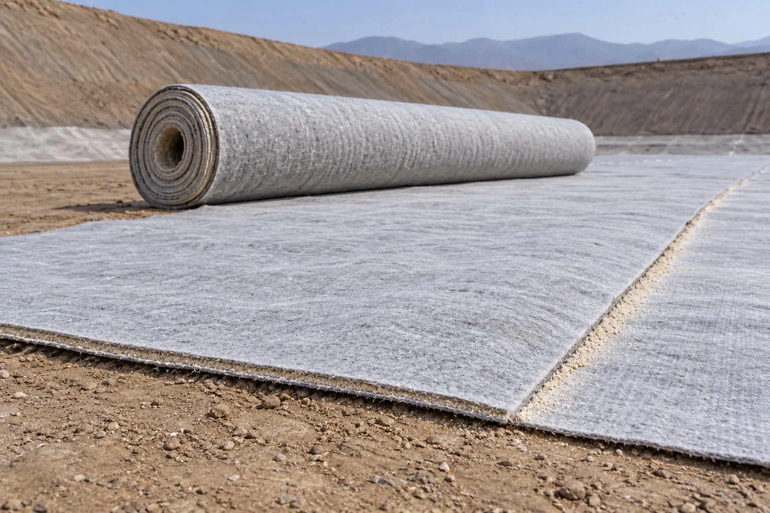 Rollo de GCL con la capa de bentonita visible entre dos geotextiles.