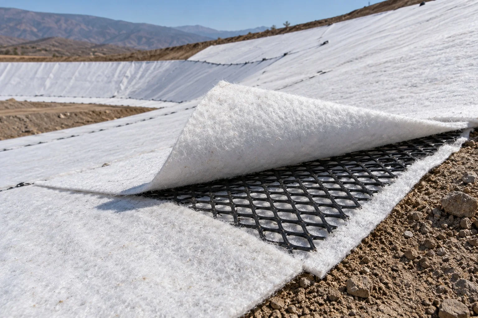 Geocompuesto drenante con la georred de HDPE visible entre dos geotextiles.