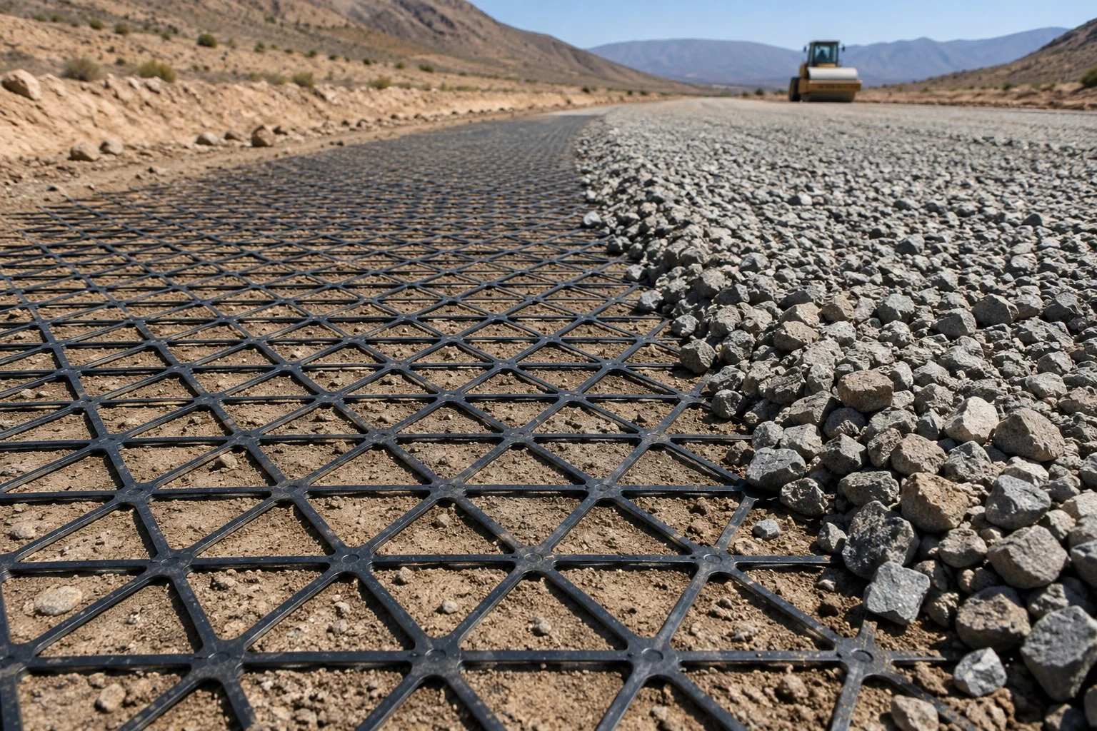 Geomalla tendida sobre la base de un camino, con grava a un lado (imagen referencial).