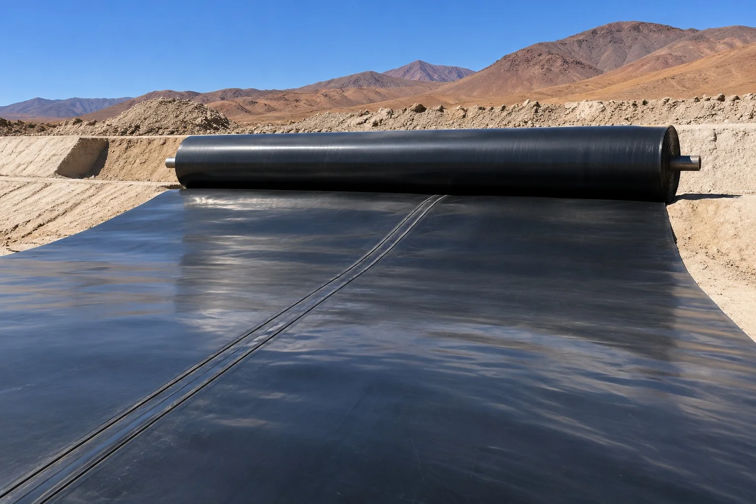 Rollo de geomembrana HDPE negra desenrollado sobre el talud de una piscina, con una costura de doble cordón.
