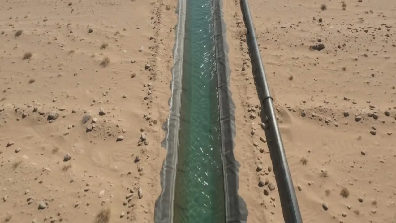 Obras de impermeabilización con geomembrana HDPE: un canal en el desierto y un tranque de riego entre viñedos (imagen referencial).